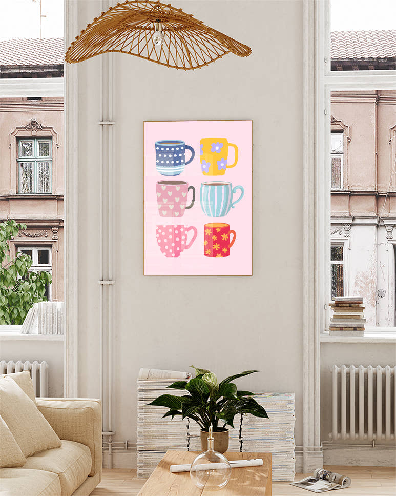 Coffee Mugs Poster – Bunte Kaffeetassen Illustration Poster – FineArt Wandbild, moderne Kunst &amp; Fine Art Print von Spawnd, handgefertigt &amp; Made in Germany