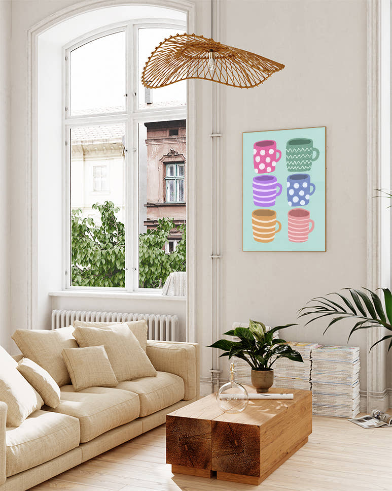 Colorful Coffee Mugs Poster – Bunte Tassen Illustration Poster – FineArt Wandbild, moderne Kunst &amp; Fine Art Print von Spawnd, handgefertigt &amp; Made in Germany