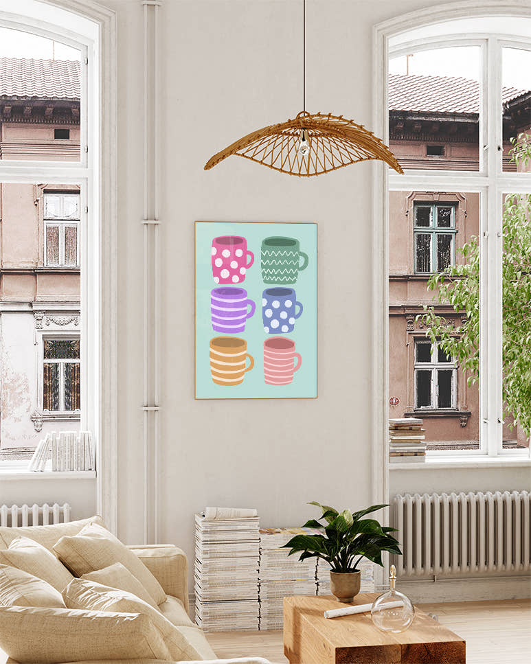 Colorful Coffee Mugs Poster – Bunte Tassen Illustration Poster – FineArt Wandbild, moderne Kunst &amp; Fine Art Print von Spawnd, handgefertigt &amp; Made in Germany