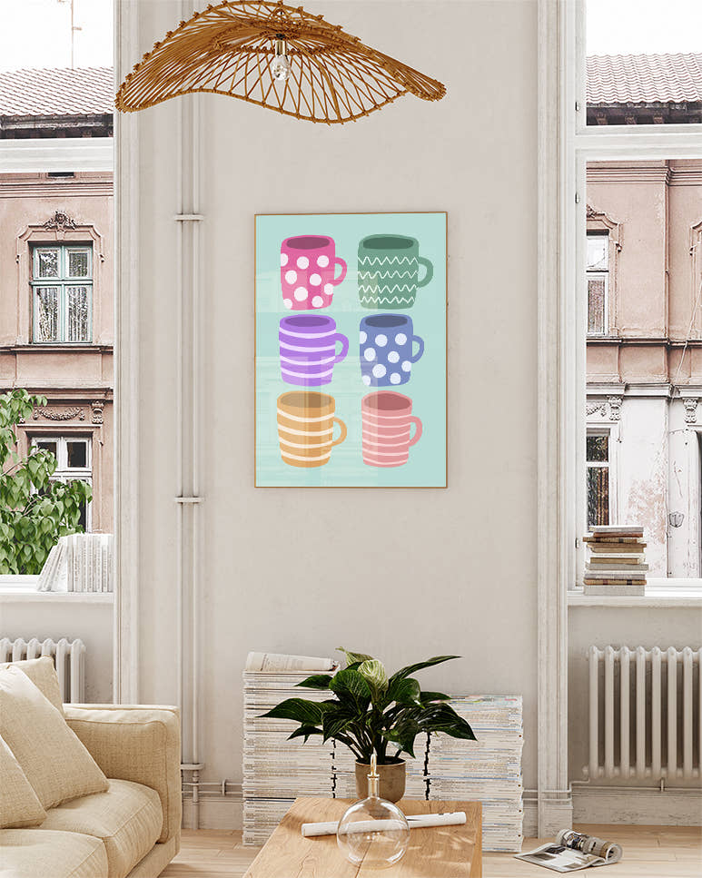 Colorful Coffee Mugs Poster – Bunte Tassen Illustration Poster – FineArt Wandbild, moderne Kunst &amp; Fine Art Print von Spawnd, handgefertigt &amp; Made in Germany