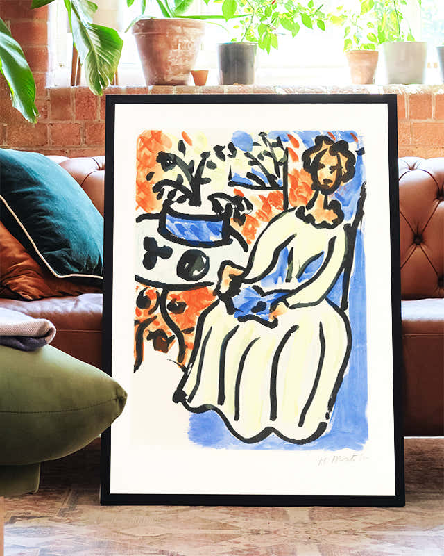 Expressionistisches Figuren & Fensterblick Kunstposter – Frau am Fenster Poster – FineArt Wandbild, moderne Kunst & Fine Art Print von Spawnd, handgefertigt & Made in Germany