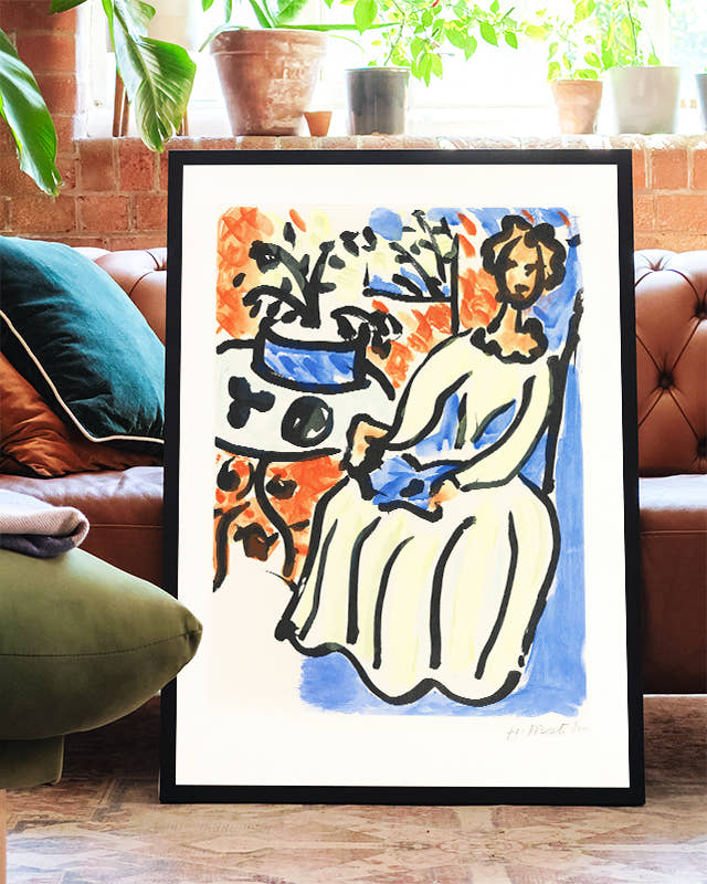 Expressionistisches Figuren &amp; Fensterblick Kunstposter – Frau am Fenster Poster – FineArt Wandbild, moderne Kunst &amp; Fine Art Print von Spawnd, handgefertigt &amp; Made in Germany