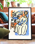 Expressionistisches Figuren & Fensterblick Kunstposter – Frau am Fenster Poster – FineArt Wandbild, moderne Kunst & Fine Art Print von Spawnd, handgefertigt & Made in Germany