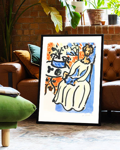 Expressionistisches Figuren &amp; Fensterblick Kunstposter – Frau am Fenster Poster – FineArt Wandbild, moderne Kunst &amp; Fine Art Print von Spawnd, handgefertigt &amp; Made in Germany