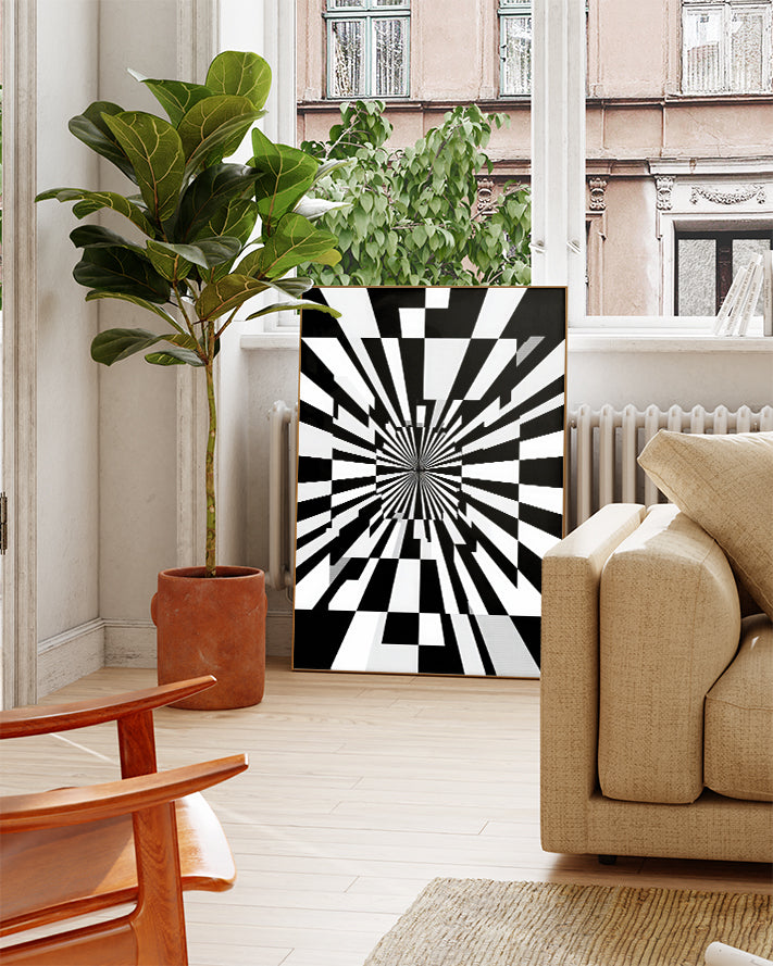 Geometrisches Strahlen Poster Schwarz Weiß – Soft Displacement Poster – FineArt Wandbild, moderne Kunst & Fine Art Print von Spawnd, handgefertigt & Made in Germany