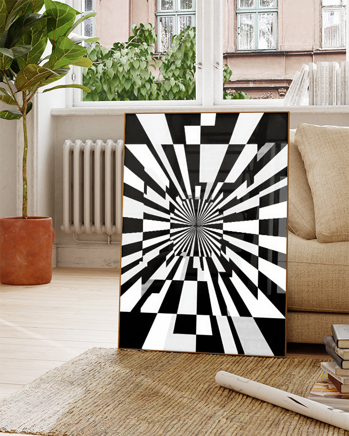 Geometrisches Strahlen Poster Schwarz Weiß – Soft Displacement Poster – FineArt Wandbild, moderne Kunst & Fine Art Print von Spawnd, handgefertigt & Made in Germany