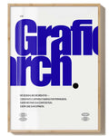 Grafic Arch Poster in Blau mit Holzrahmen – moderner Spawnd® Typografie Print für kreative Wandgestaltung im Wohnbereich.