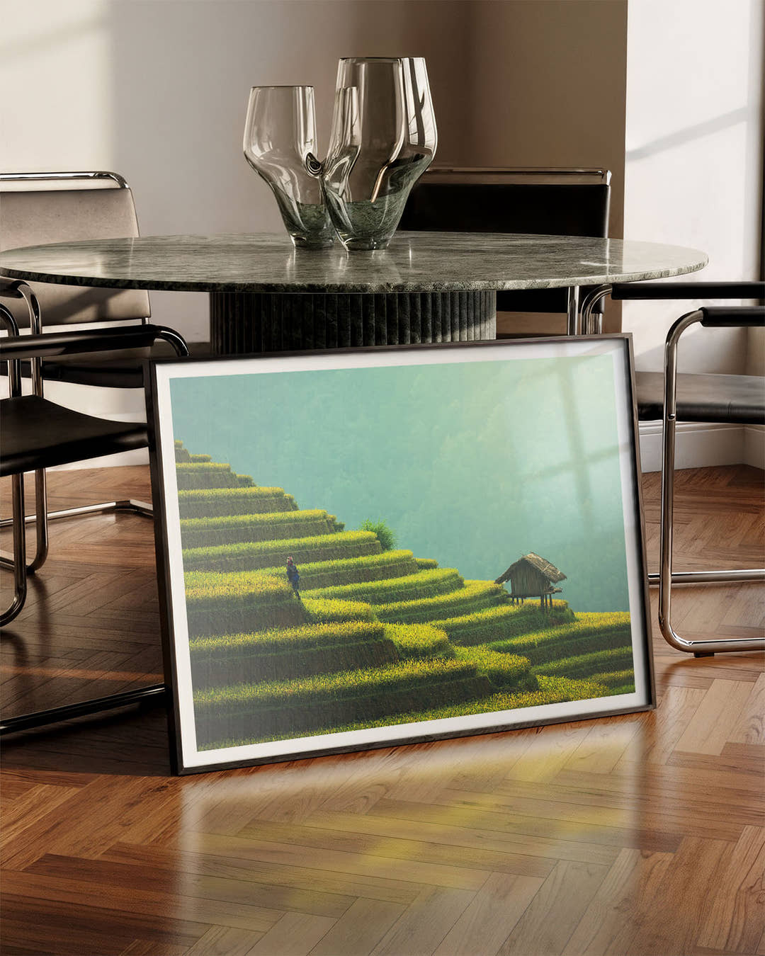 Green steps Poster – FineArt Wandbild, moderne Kunst &amp; Fine Art Print von Spawnd, handgefertigt &amp; Made in Germany