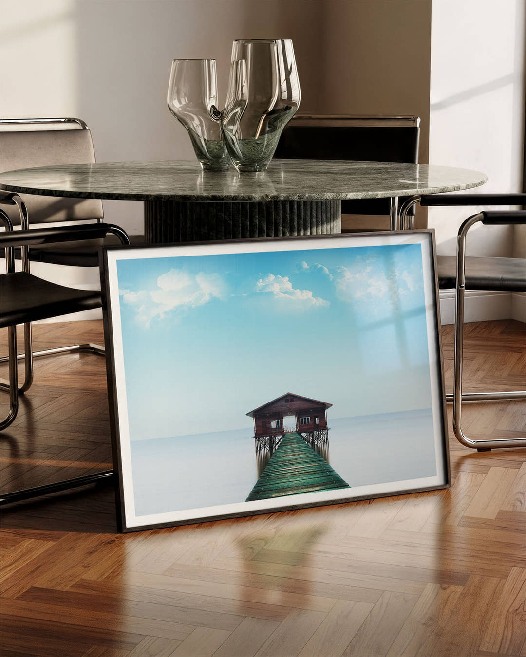 House in the ocean Poster – FineArt Wandbild, moderne Kunst &amp; Fine Art Print von Spawnd, handgefertigt &amp; Made in Germany