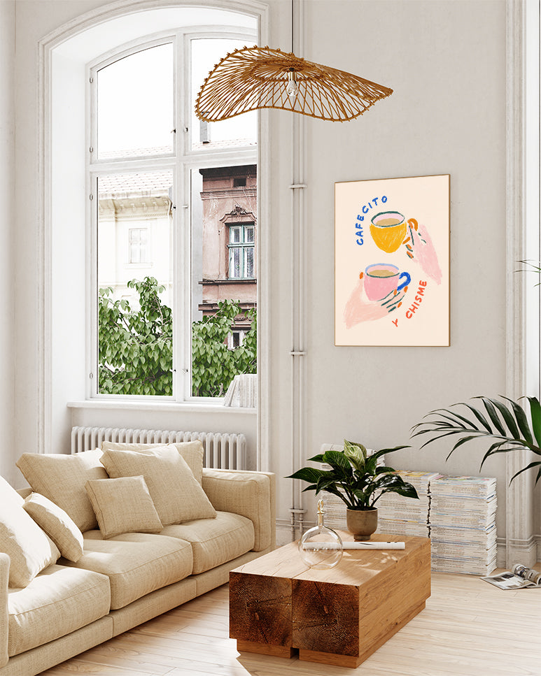 Kaffee Poster mit Spruch – Cafecito y Chisme Poster – FineArt Wandbild, moderne Kunst & Fine Art Print von Spawnd, handgefertigt & Made in Germany