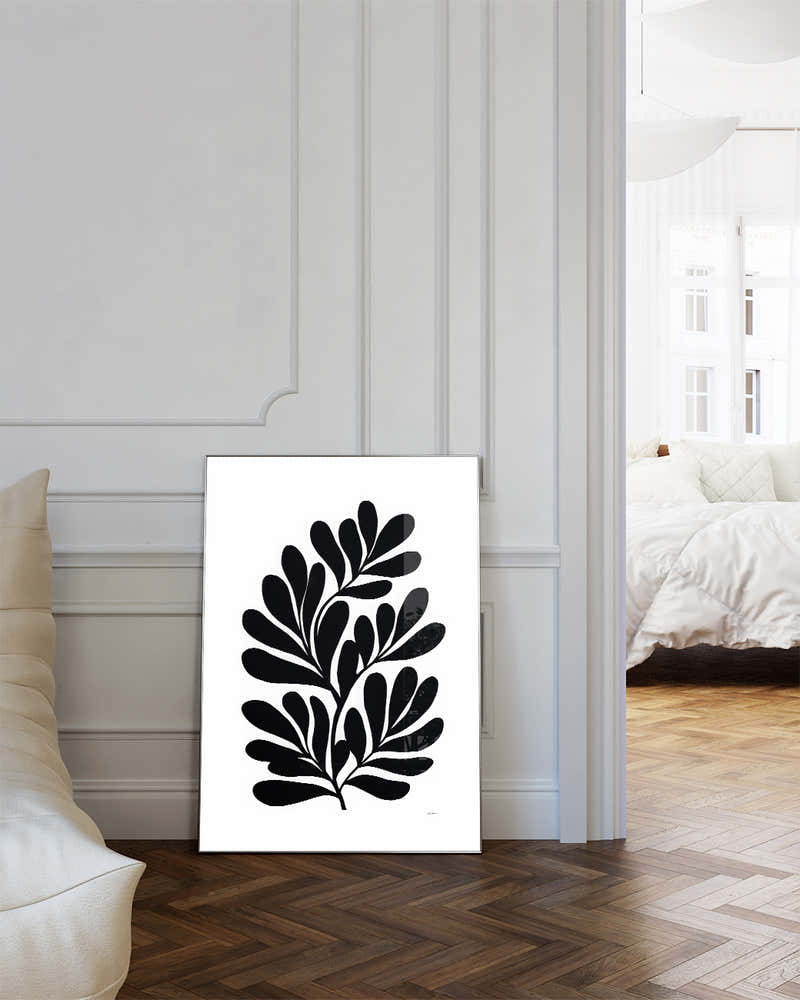 Minimalistisches Schwarz Weiß Blatt Poster – Inner Frequency Poster – FineArt Wandbild, moderne Kunst & Fine Art Print von Spawnd, handgefertigt & Made in Germany
