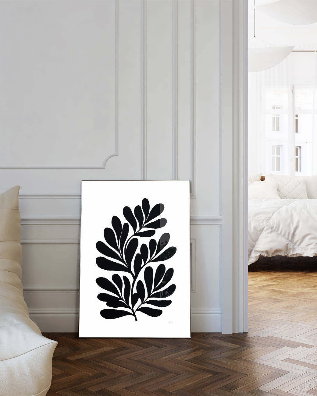 Minimalistisches Schwarz Weiß Blatt Poster – Inner Frequency Poster – FineArt Wandbild, moderne Kunst &amp; Fine Art Print von Spawnd, handgefertigt &amp; Made in Germany