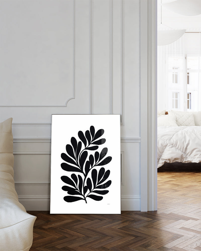 Minimalistisches Schwarz Weiß Blatt Poster – Inner Frequency Poster – FineArt Wandbild, moderne Kunst & Fine Art Print von Spawnd, handgefertigt & Made in Germany