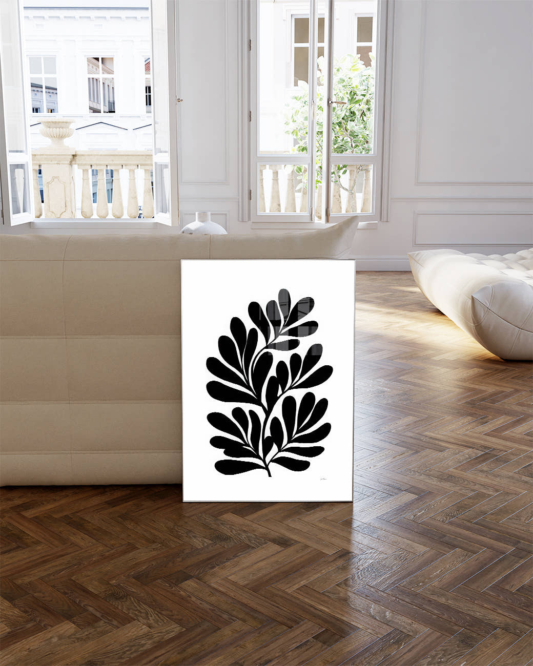 Minimalistisches Schwarz Weiß Blatt Poster – Inner Frequency Poster – FineArt Wandbild, moderne Kunst &amp; Fine Art Print von Spawnd, handgefertigt &amp; Made in Germany
