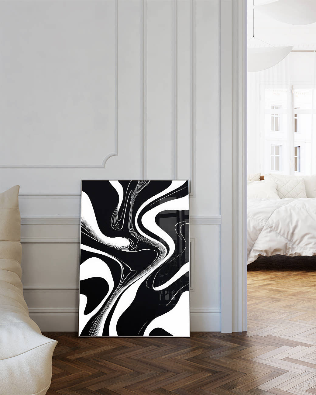 Minimalistisches Schwarz Weiß Linien Poster – Abstract Harmony Poster – FineArt Wandbild, moderne Kunst &amp; Fine Art Print von Spawnd, handgefertigt &amp; Made in Germany
