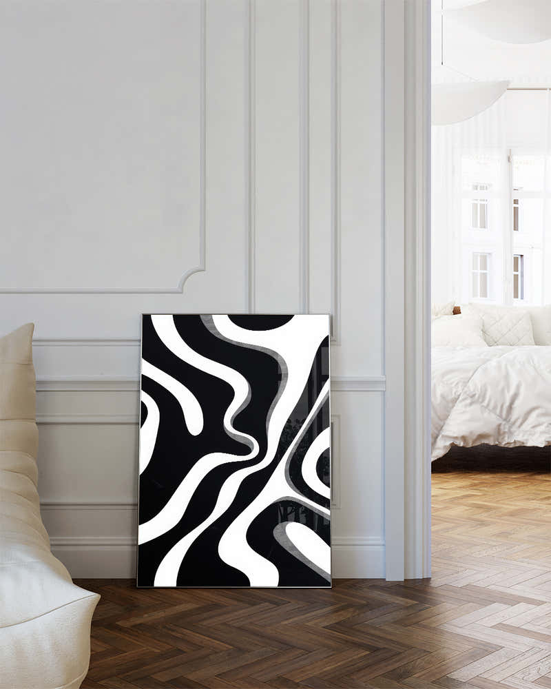 Minimalistisches Schwarz Weiß Wellen Poster – Minimal Instinct Poster – FineArt Wandbild, moderne Kunst & Fine Art Print von Spawnd, handgefertigt & Made in Germany