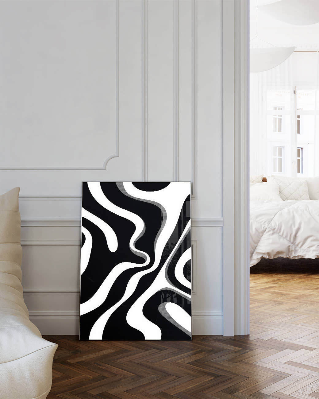 Minimalistisches Schwarz Weiß Wellen Poster – Minimal Instinct Poster – FineArt Wandbild, moderne Kunst &amp; Fine Art Print von Spawnd, handgefertigt &amp; Made in Germany