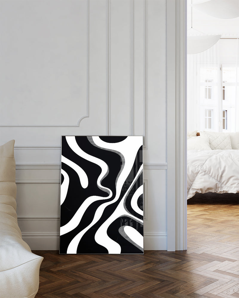 Minimalistisches Schwarz Weiß Wellen Poster – Minimal Instinct Poster – FineArt Wandbild, moderne Kunst & Fine Art Print von Spawnd, handgefertigt & Made in Germany