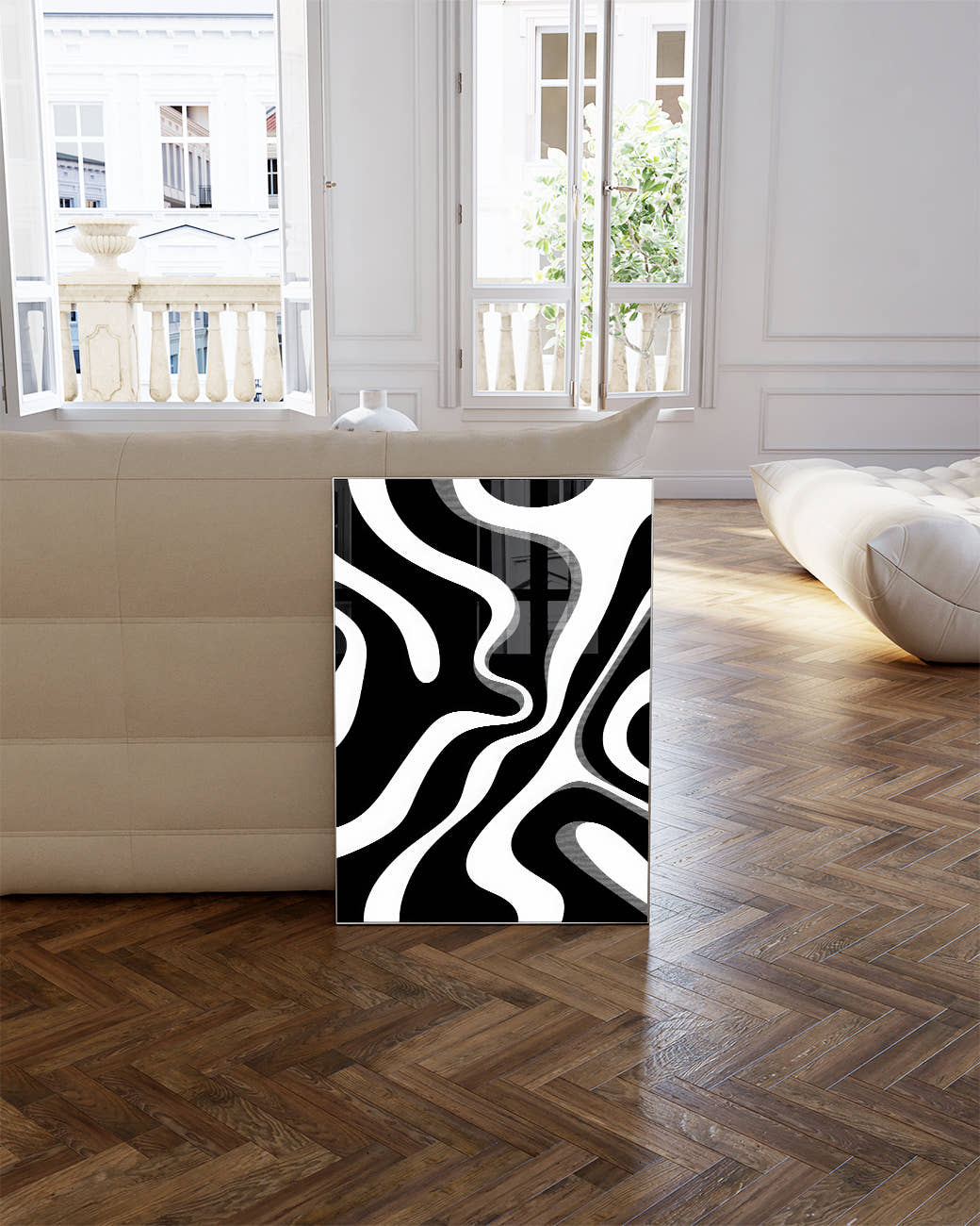 Minimalistisches Schwarz Weiß Wellen Poster – Minimal Instinct Poster – FineArt Wandbild, moderne Kunst &amp; Fine Art Print von Spawnd, handgefertigt &amp; Made in Germany