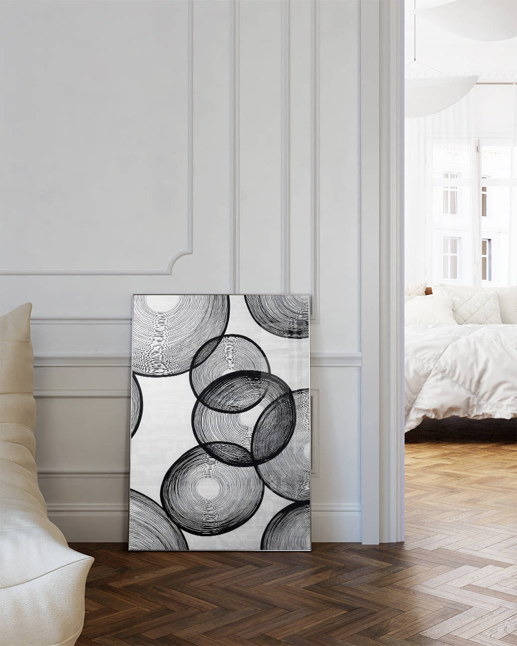 Modernes Schwarz Weiß Kreise Poster – Mono Continuum Poster – FineArt Wandbild, moderne Kunst &amp; Fine Art Print von Spawnd, handgefertigt &amp; Made in Germany