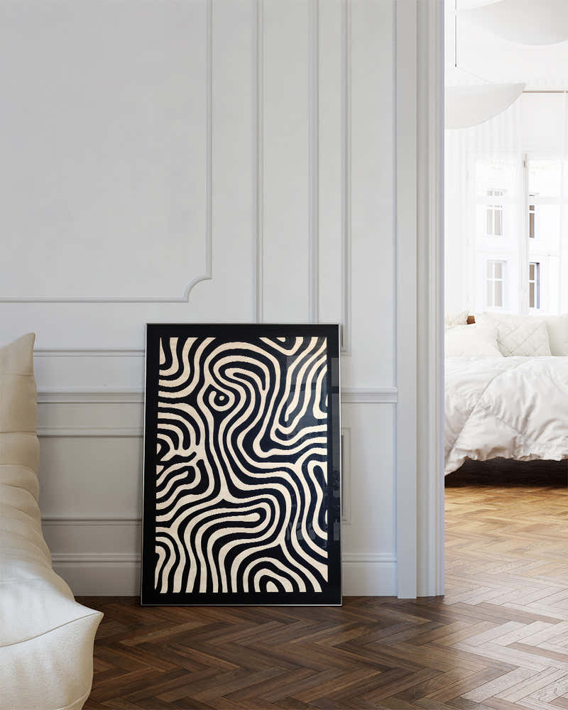 Modernes Schwarz Weiß Linien Poster – Inner Motionline Poster – FineArt Wandbild, moderne Kunst & Fine Art Print von Spawnd, handgefertigt & Made in Germany
