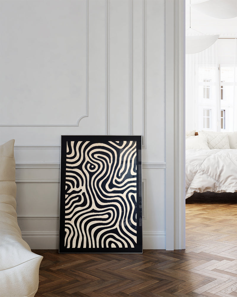 Modernes Schwarz Weiß Linien Poster – Inner Motionline Poster – FineArt Wandbild, moderne Kunst & Fine Art Print von Spawnd, handgefertigt & Made in Germany