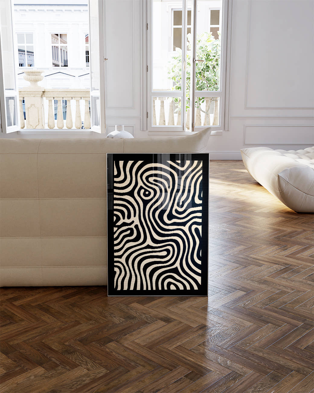Modernes Schwarz Weiß Linien Poster – Inner Motionline Poster – FineArt Wandbild, moderne Kunst &amp; Fine Art Print von Spawnd, handgefertigt &amp; Made in Germany