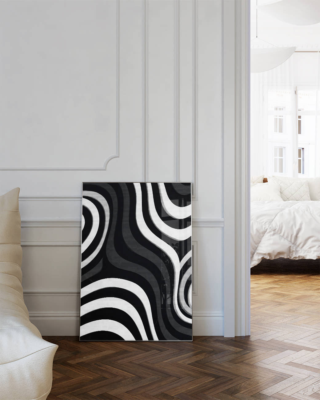 Modernes Schwarz Weiß Linien Poster – Midnight Lines Poster – FineArt Wandbild, moderne Kunst &amp; Fine Art Print von Spawnd, handgefertigt &amp; Made in Germany