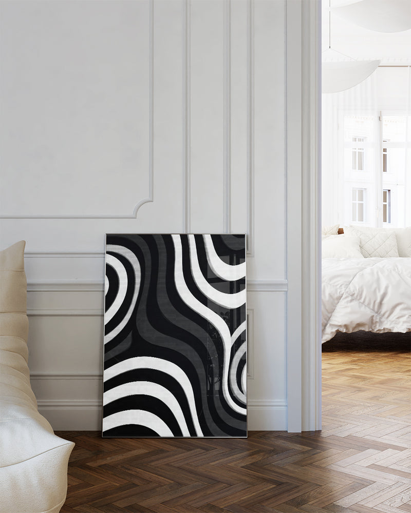 Modernes Schwarz Weiß Linien Poster – Midnight Lines Poster – FineArt Wandbild, moderne Kunst & Fine Art Print von Spawnd, handgefertigt & Made in Germany