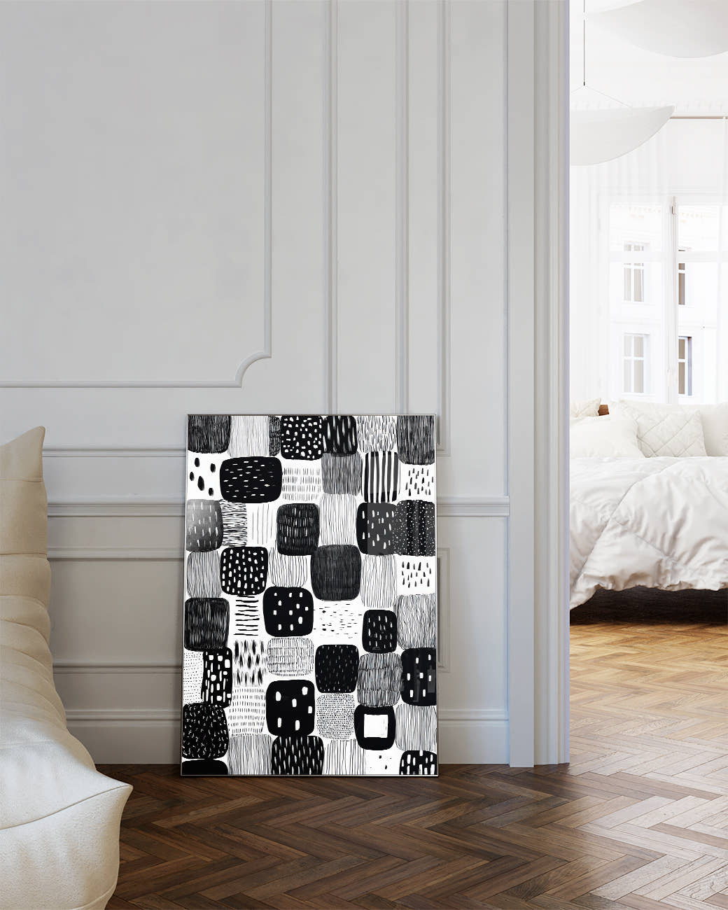 Modernes Schwarz Weiß Muster Poster – Mono Presence Poster – FineArt Wandbild, moderne Kunst &amp; Fine Art Print von Spawnd, handgefertigt &amp; Made in Germany