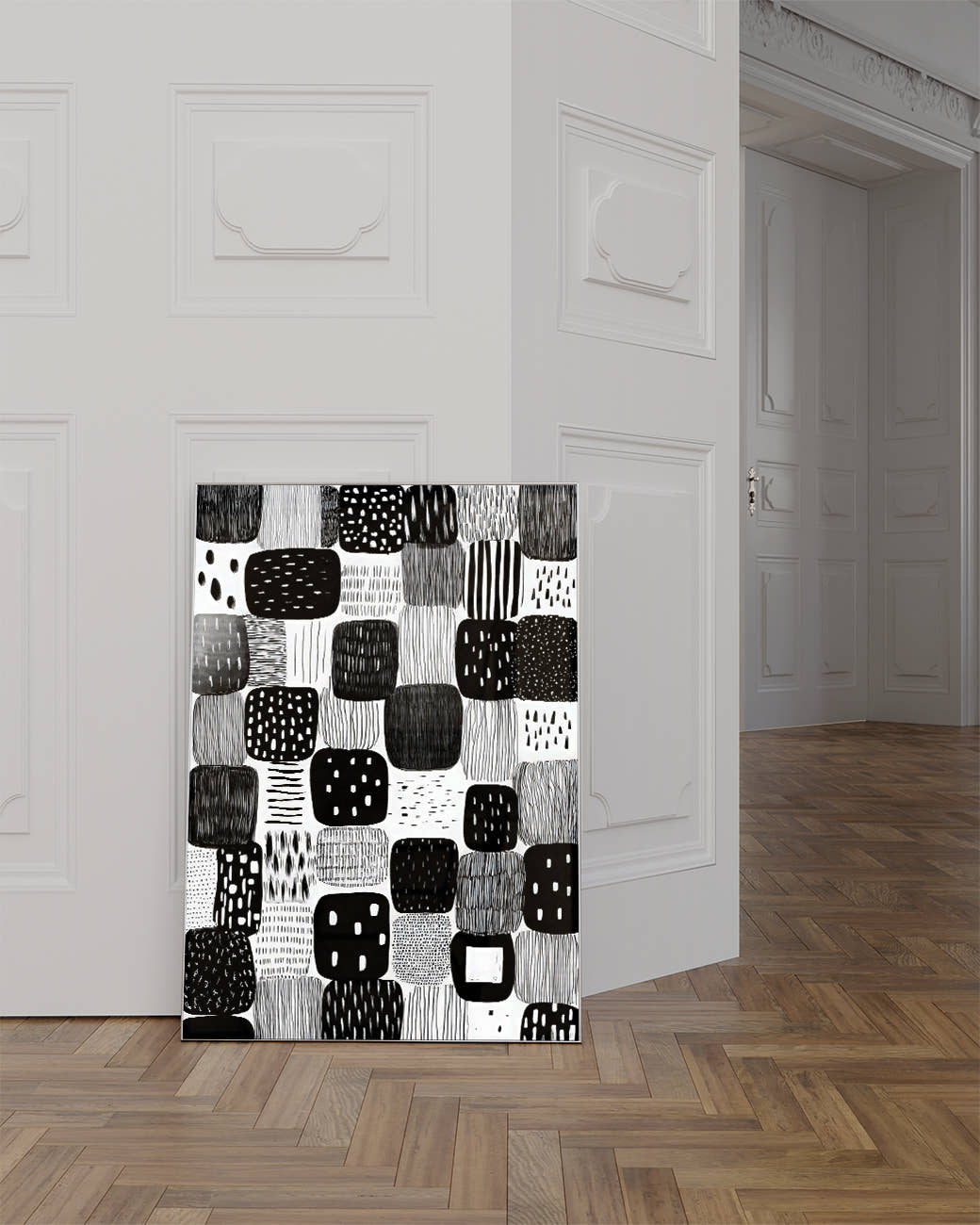 Modernes Schwarz Weiß Muster Poster – Mono Presence Poster – FineArt Wandbild, moderne Kunst &amp; Fine Art Print von Spawnd, handgefertigt &amp; Made in Germany