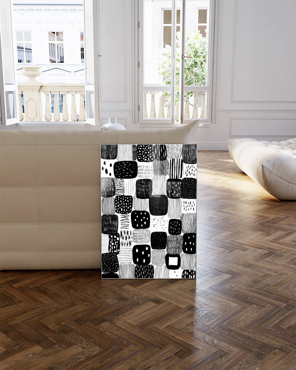 Modernes Schwarz Weiß Muster Poster – Mono Presence Poster – FineArt Wandbild, moderne Kunst &amp; Fine Art Print von Spawnd, handgefertigt &amp; Made in Germany