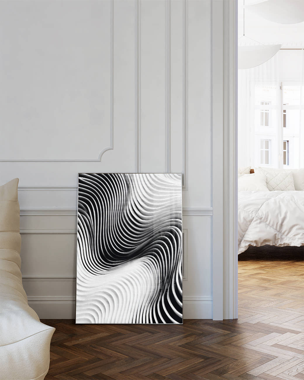 Modernes Schwarz Weiß Wellen Poster – Black Resonance Poster – FineArt Wandbild, moderne Kunst &amp; Fine Art Print von Spawnd, handgefertigt &amp; Made in Germany