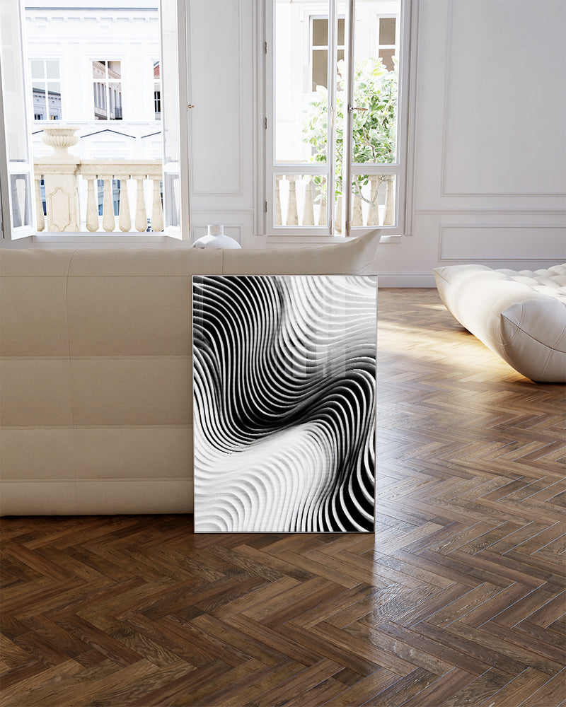 Modernes Schwarz Weiß Wellen Poster – Black Resonance Poster – FineArt Wandbild, moderne Kunst & Fine Art Print von Spawnd, handgefertigt & Made in Germany