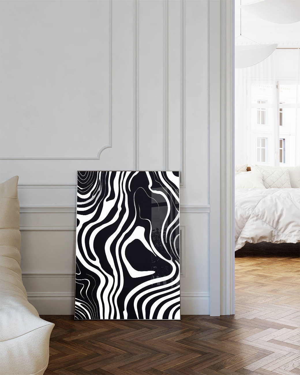 Modernes Schwarz Weiß Wellen Poster – Flow State Poster – FineArt Wandbild, moderne Kunst &amp; Fine Art Print von Spawnd, handgefertigt &amp; Made in Germany