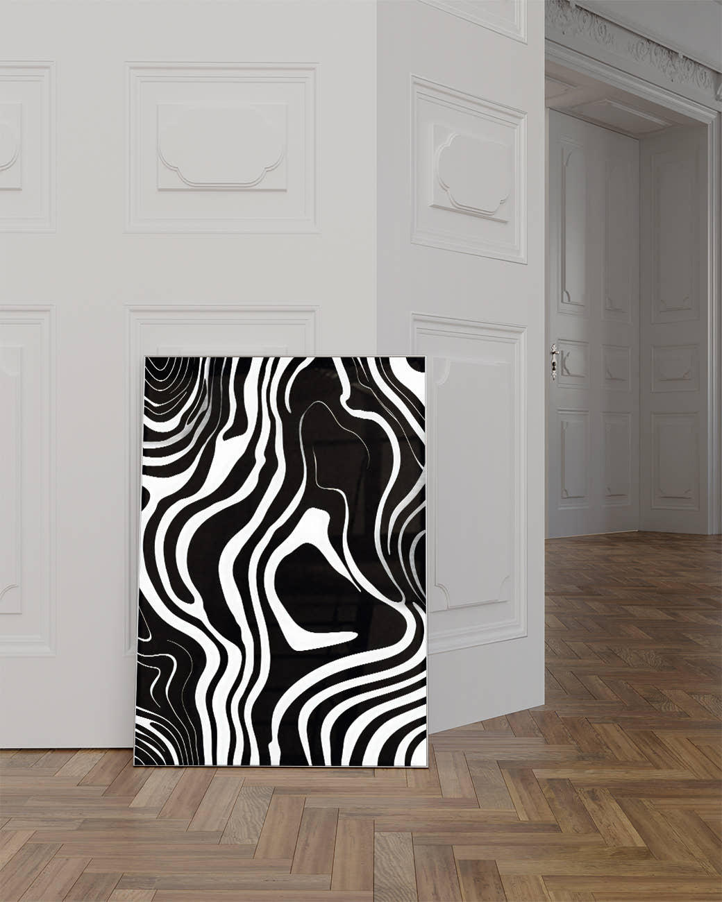 Modernes Schwarz Weiß Wellen Poster – Flow State Poster – FineArt Wandbild, moderne Kunst &amp; Fine Art Print von Spawnd, handgefertigt &amp; Made in Germany