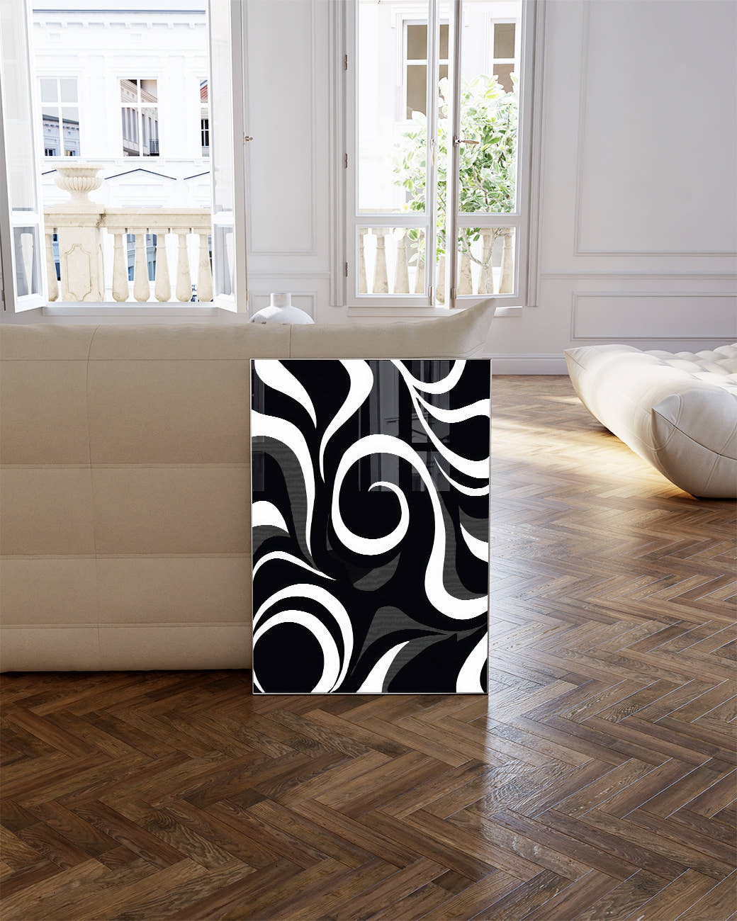 Modernes Schwarz Weiß Wellen Poster – Inner Continuity Poster – FineArt Wandbild, moderne Kunst &amp; Fine Art Print von Spawnd, handgefertigt &amp; Made in Germany