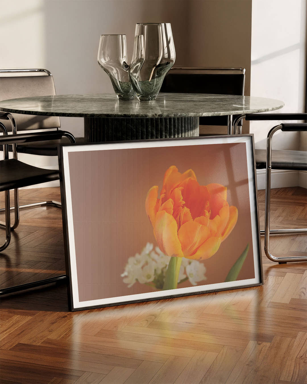 Orange flower Poster – FineArt Wandbild, moderne Kunst &amp; Fine Art Print von Spawnd, handgefertigt &amp; Made in Germany