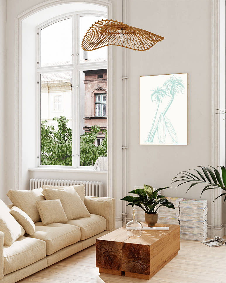 Palmen &amp; Surfbrett Illustration Poster – Surf Palms Poster – FineArt Wandbild, moderne Kunst &amp; Fine Art Print von Spawnd, handgefertigt &amp; Made in Germany