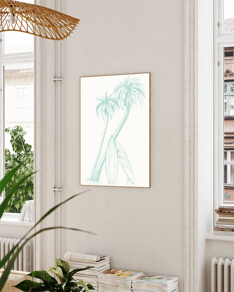 Palmen &amp; Surfbrett Illustration Poster – Surf Palms Poster – FineArt Wandbild, moderne Kunst &amp; Fine Art Print von Spawnd, handgefertigt &amp; Made in Germany