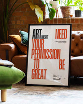 Gerahmtes FineArt Poster „Permission“ von Spawnd® in Orange, modernes Statement für kreative Räume im Industrial-Stil.