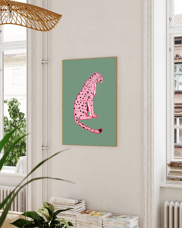 Pop Art &amp; Illustration Tier Poster – Pink Leopard Poster – FineArt Wandbild, moderne Kunst &amp; Fine Art Print von Spawnd, handgefertigt &amp; Made in Germany