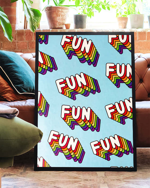 Retro Regenbogen Typografie Poster – Rainbow Fun Pattern Poster – FineArt Wandbild, moderne Kunst & Fine Art Print von Spawnd, handgefertigt & Made in Germany