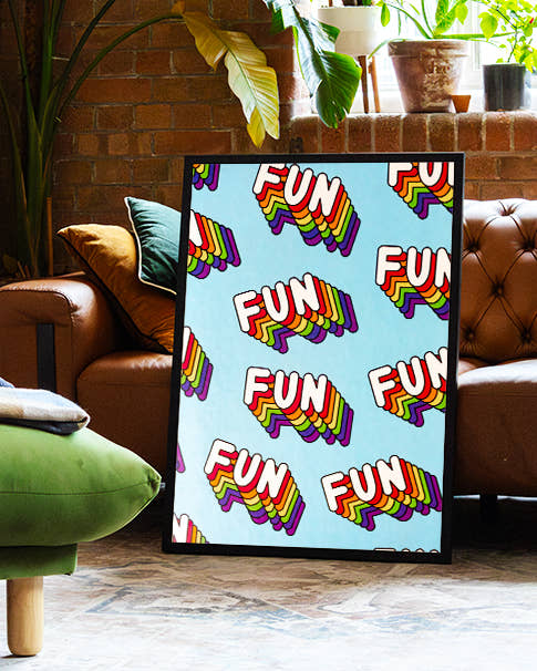 Retro Regenbogen Typografie Poster – Rainbow Fun Pattern Poster – FineArt Wandbild, moderne Kunst &amp; Fine Art Print von Spawnd, handgefertigt &amp; Made in Germany