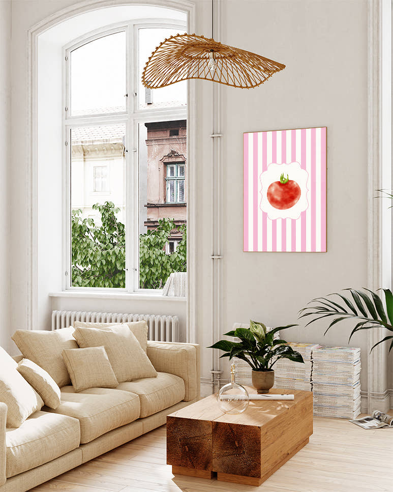 Tomate Illustration Poster – Rosa Streifen Design Poster – FineArt Wandbild, moderne Kunst &amp; Fine Art Print von Spawnd, handgefertigt &amp; Made in Germany