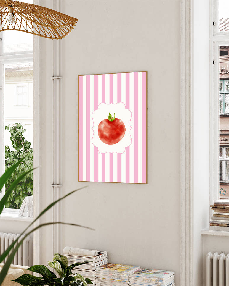 Tomate Illustration Poster – Rosa Streifen Design Poster – FineArt Wandbild, moderne Kunst &amp; Fine Art Print von Spawnd, handgefertigt &amp; Made in Germany