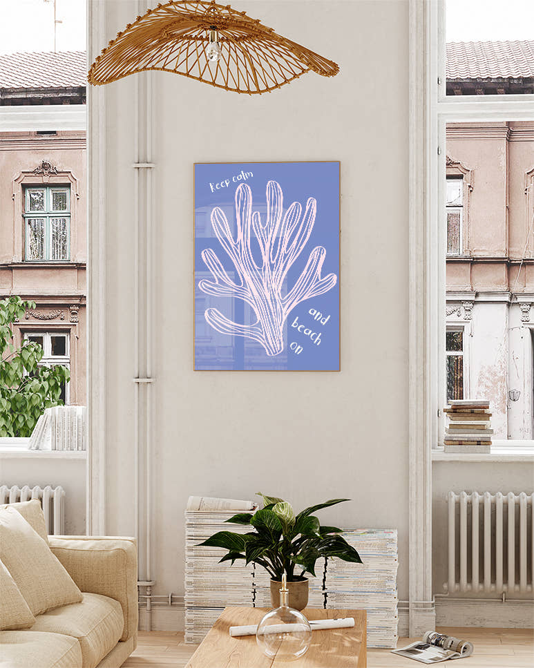 Typografie &amp; Illustration Strand Poster – Keep calm and beach on Poster – FineArt Wandbild, moderne Kunst &amp; Fine Art Print von Spawnd, handgefertigt &amp; Made in Germany