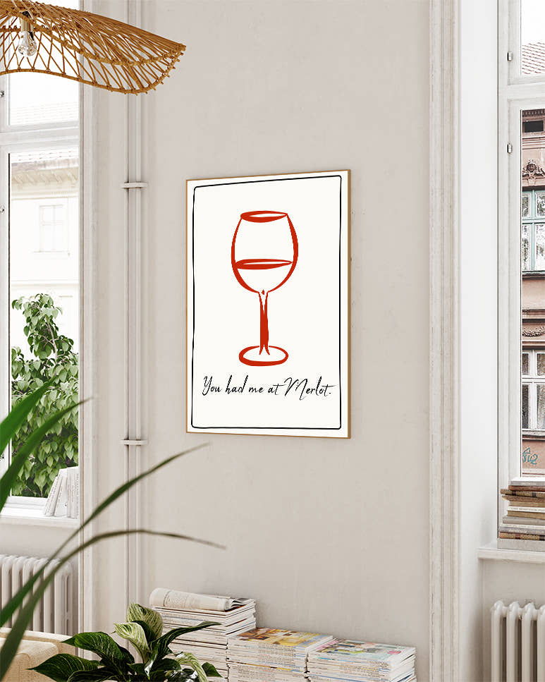 Typografie &amp; Illustration Wein Poster – You had me at Merlot Poster – FineArt Wandbild, moderne Kunst &amp; Fine Art Print von Spawnd, handgefertigt &amp; Made in Germany