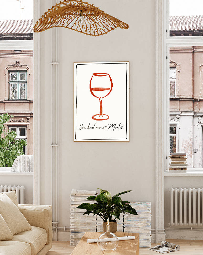 Typografie &amp; Illustration Wein Poster – You had me at Merlot Poster – FineArt Wandbild, moderne Kunst &amp; Fine Art Print von Spawnd, handgefertigt &amp; Made in Germany