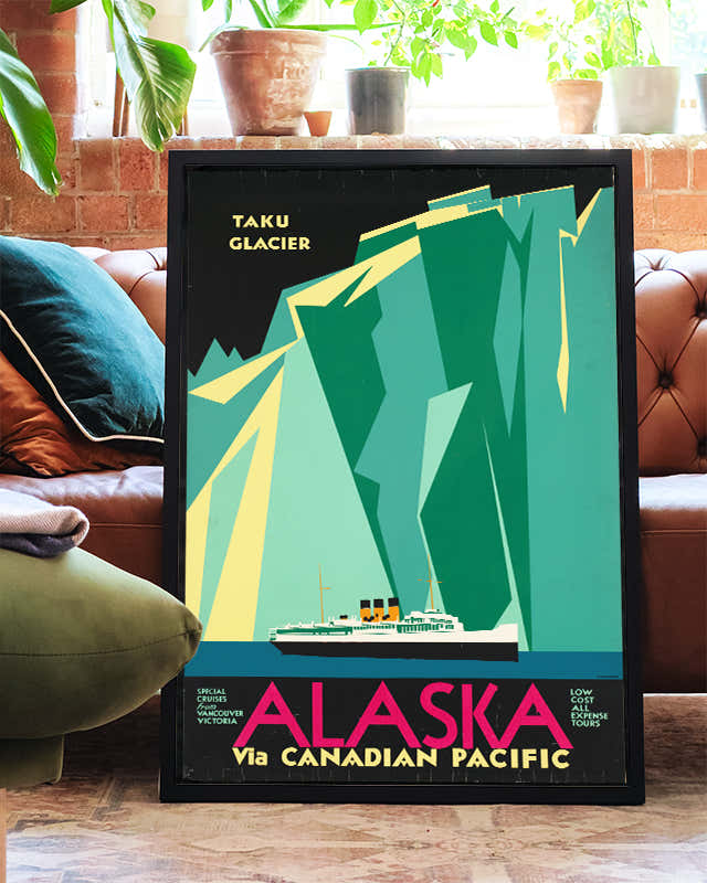 Vintage Alaska Taku Glacier Poster – Alaska via Canadian Pacific Poster – FineArt Wandbild, moderne Kunst & Fine Art Print von Spawnd, handgefertigt & Made in Germany